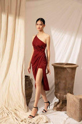 Silk One-Shoulder Midi Dress with Draped Waist and High Slit Detailing